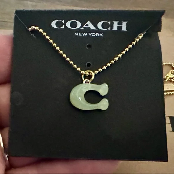 Coach Translucent Jade Green “C” Pendant 18k/.925 Necklace - Picture 4 of 9